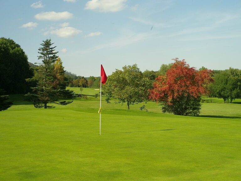 Gut gepflegter Golfplatz in der nähe des Braunschweiger Hofs mit einer roten Fahne in dem grünen Rasen, die ein Loch markiert.